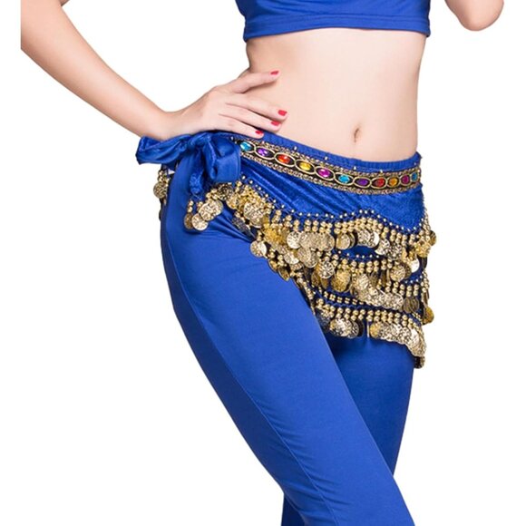 Women's Navy Blue Triangular Belly Dancing Hip Scarf Wrap Skirt with Gold Coins - Picture 3 of 4